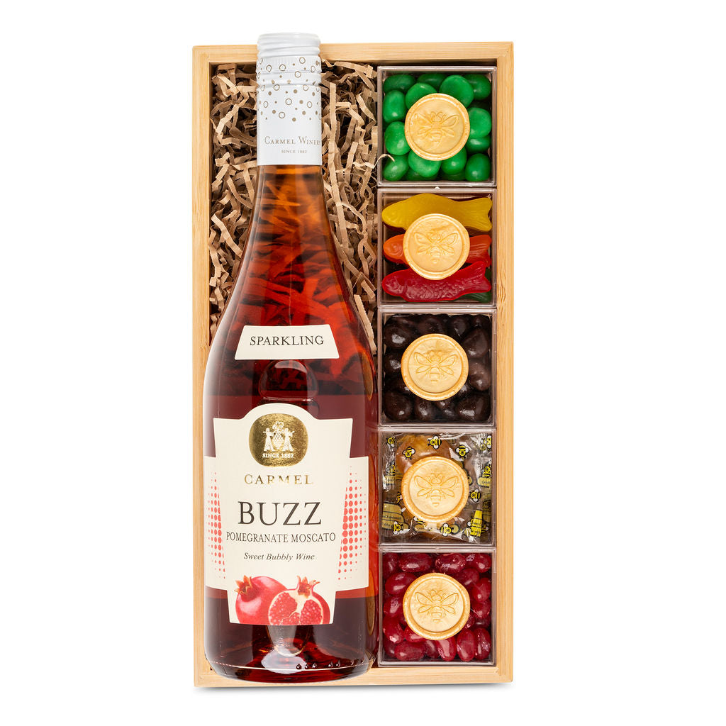 Wooden Box with Pomegranate Wine and Assorted Treats