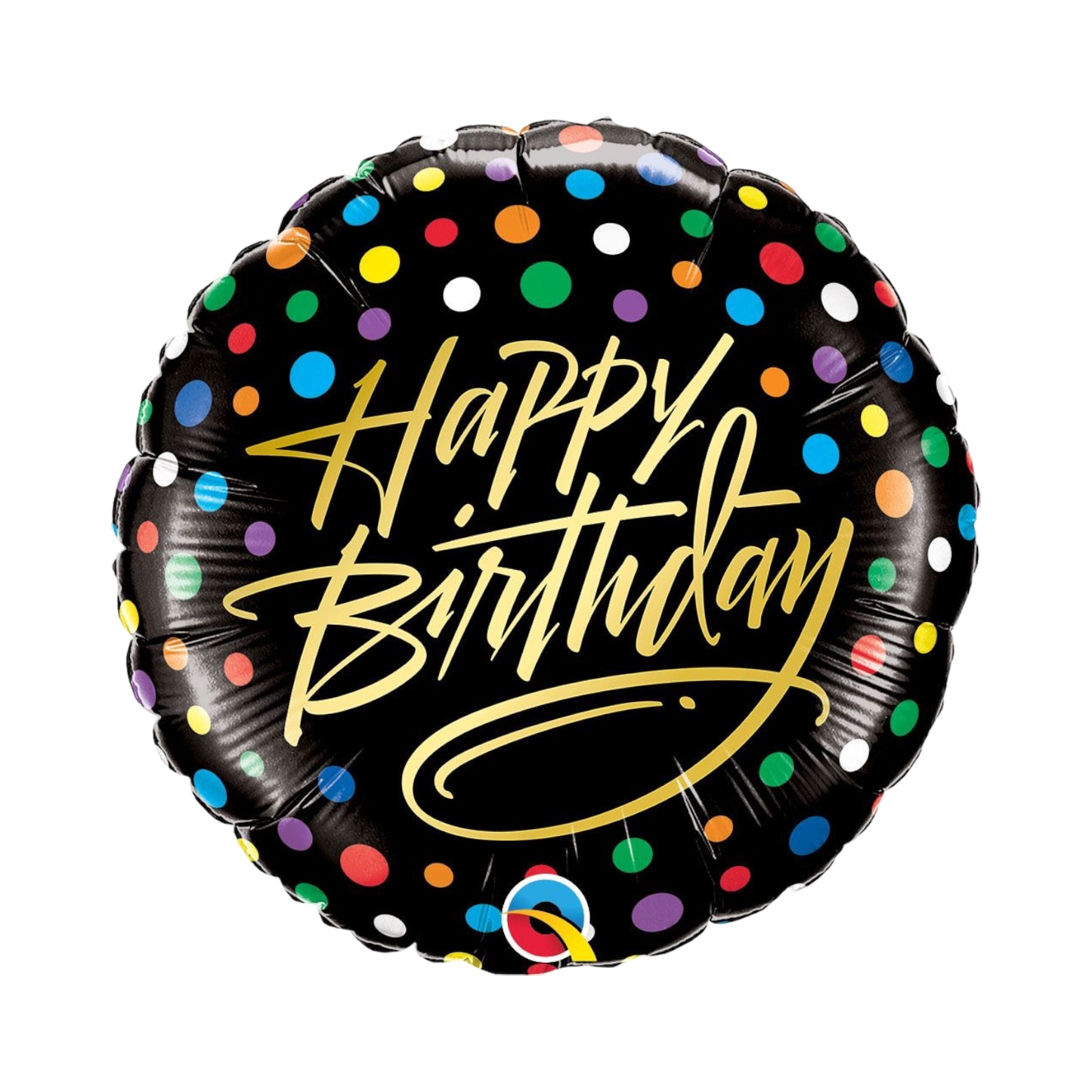 Happy Birthday Balloon - Black BG, Gold Letters and Colourful Dots.